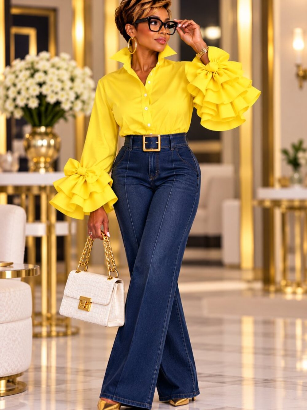 Yellow Ruffle Bow Cuff Statement Blouse Plus Size 0XL 12 - Picture 2 of 6
